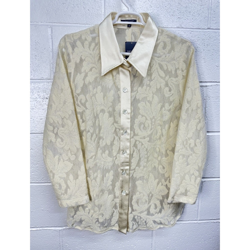 NEW Karen Kane Spotlight Loose Weave Wool Sheer Crochet LS Button‎ Shirt / 2X